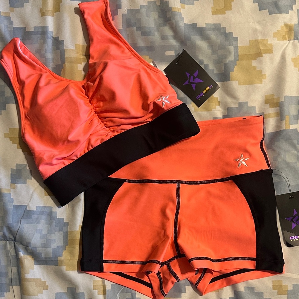 Rebel athletic Coral and Black Women's Sports Bra and Shorts Set